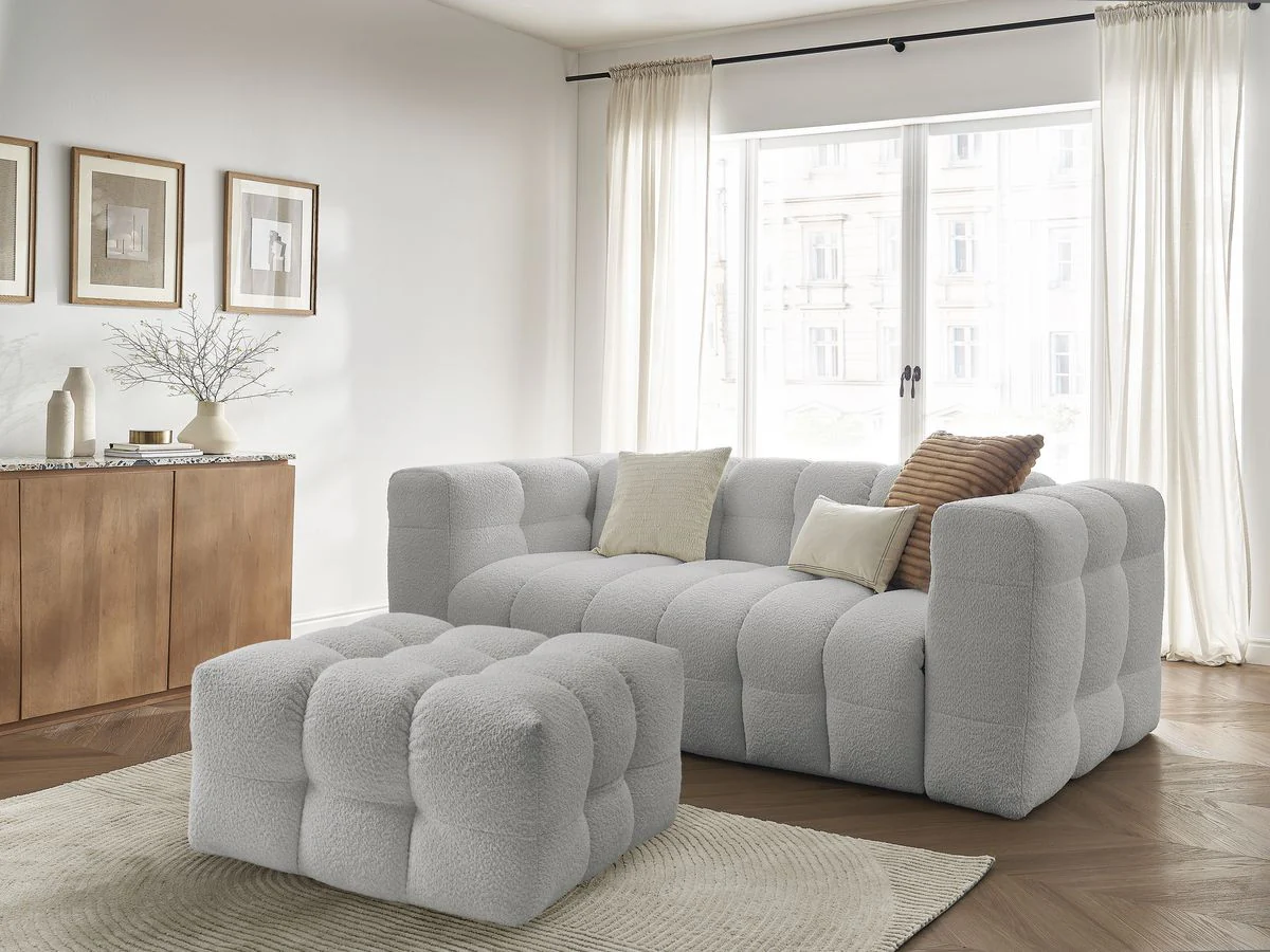 Canapé droit convertible ouverture express 3 places CLOUD tissu bouclette avec pouf - Image 8