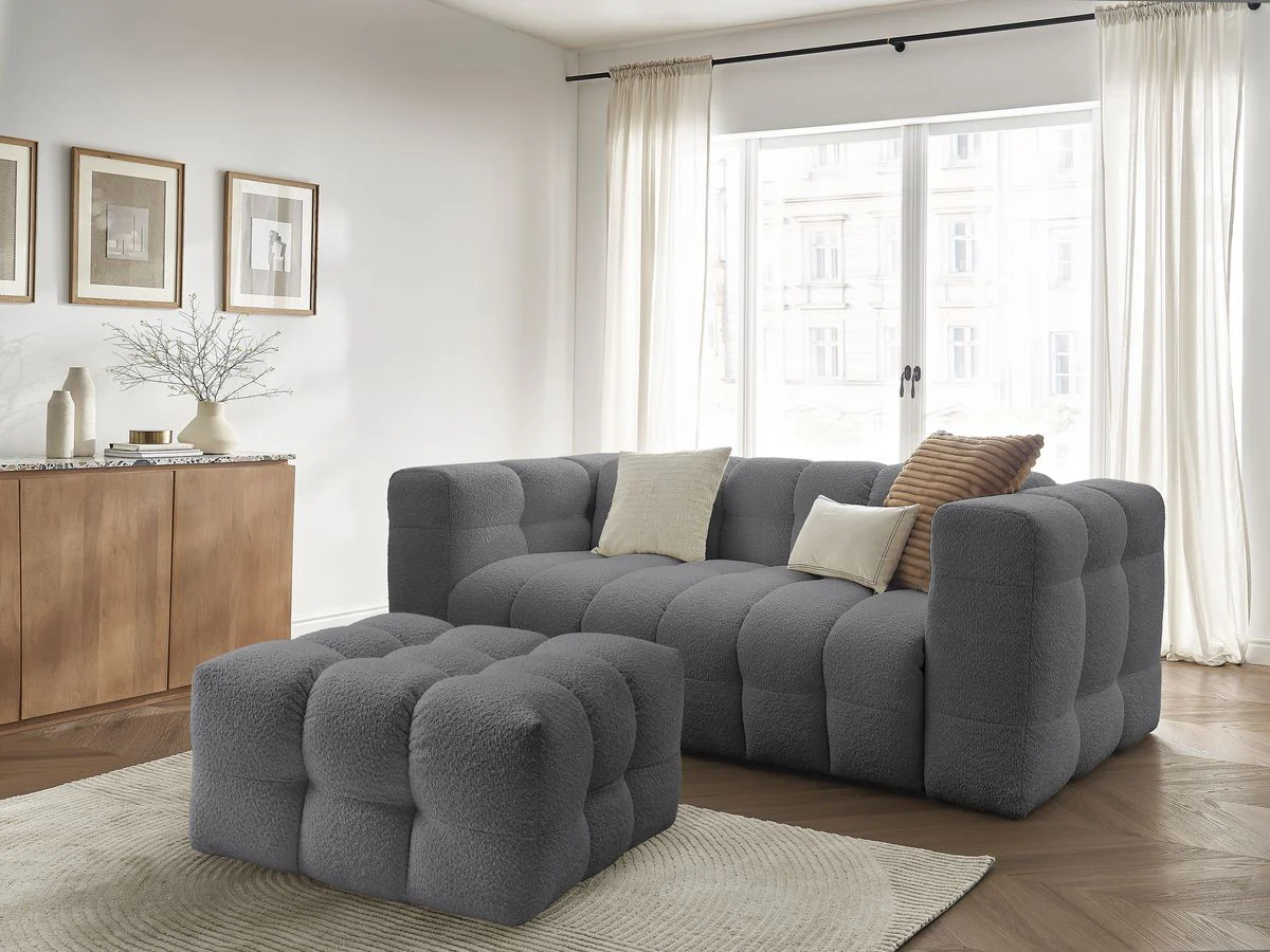 Canapé droit convertible ouverture express 3 places CLOUD tissu bouclette avec pouf - Image 9