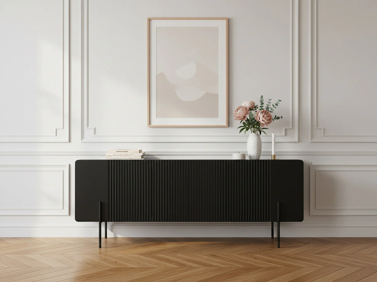 Meuble TV 2 portes 1 tiroir 150 cm MATHILDE pieds noirs