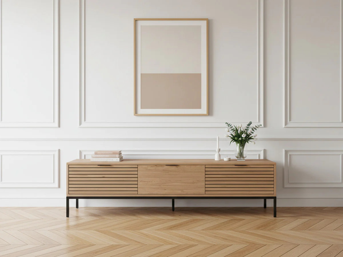 Meuble TV 3 tiroirs 180 cm AGATHE effet chêne