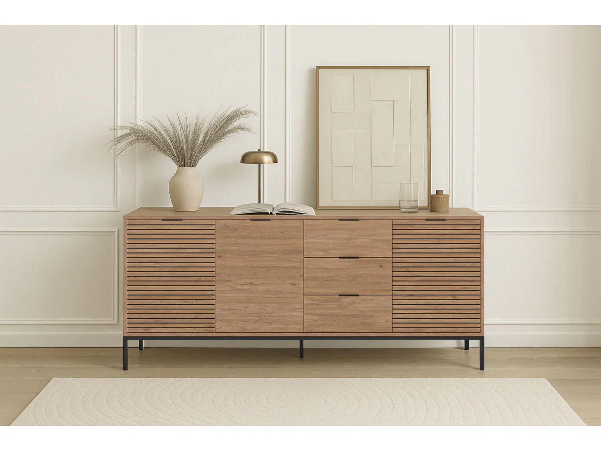 Buffet 3 portes 3 tiroirs 180 cm AGATHE effet chêne
