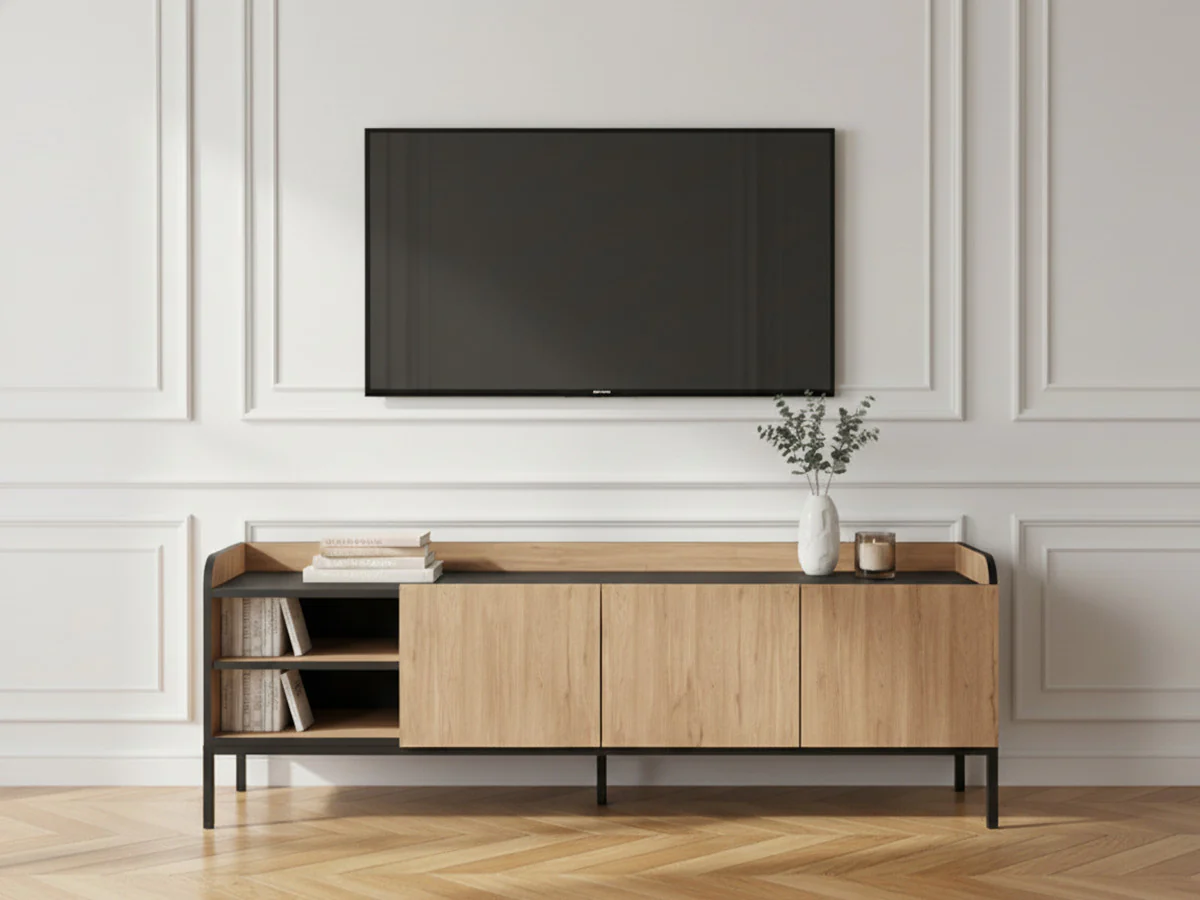 Meuble TV 2 portes 2 niches 160 cm AURIANE pieds métal noir