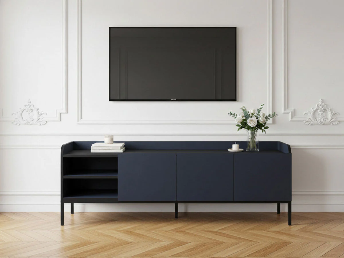 Meuble TV 2 portes 2 niches 160 cm AURIANE pieds métal noir - Image 4