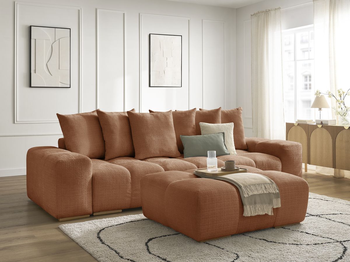 Canapé droit fixe 3 places ANAKIN tissu texturé avec pouf - Image 34