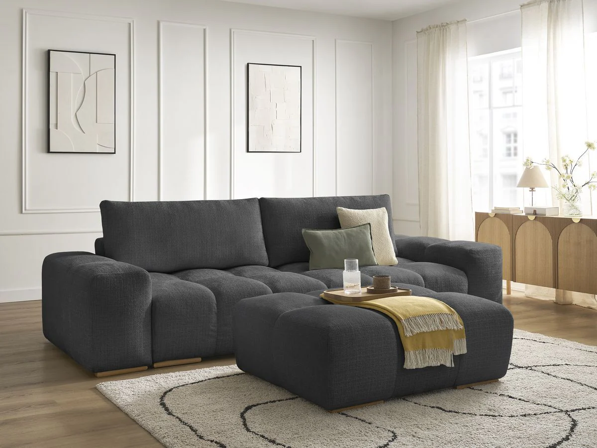 Canapé droit convertible coffre ANAKIN tissu texturé avec pouf - Image 4