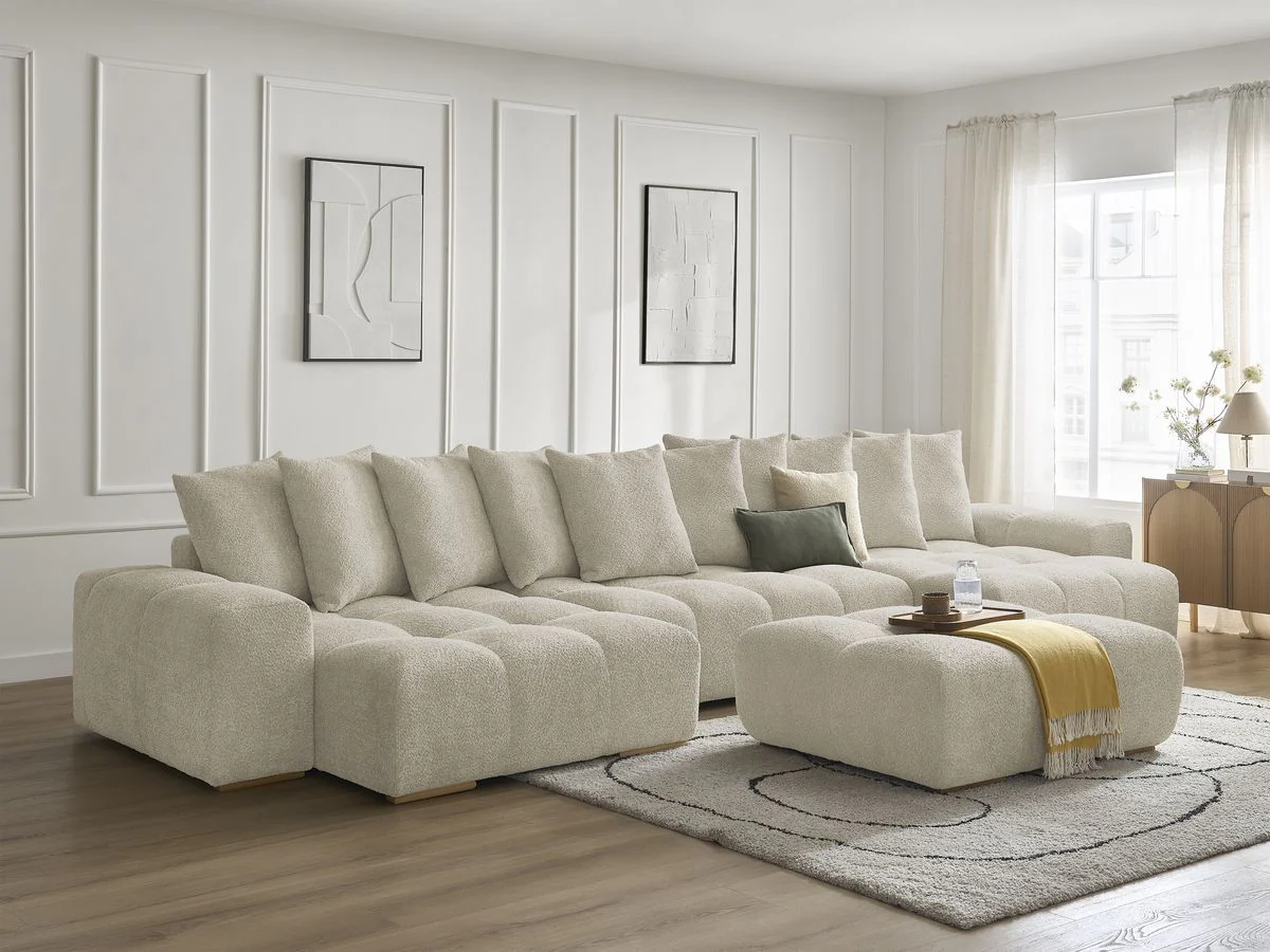 Canapé panoramique convertible coffre ANAKIN tissu bouclette avec pouf - Image 11