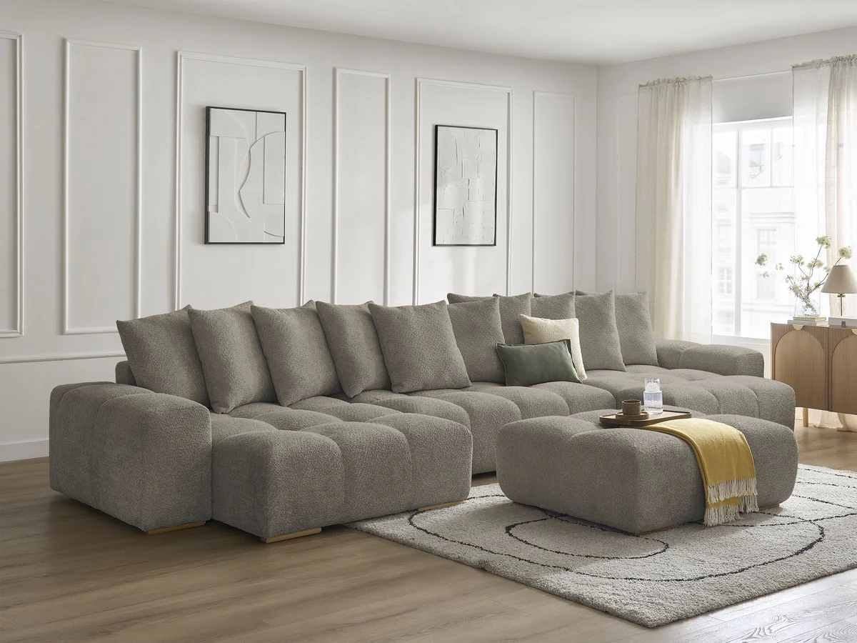 Canapé panoramique convertible coffre ANAKIN tissu bouclette avec pouf - Image 12