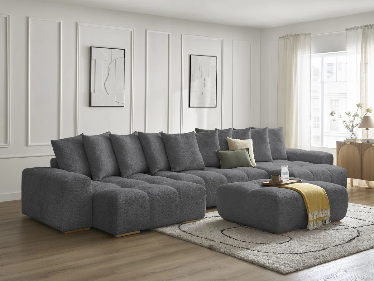 Canapé panoramique convertible coffre ANAKIN tissu bouclette avec pouf - Image 19