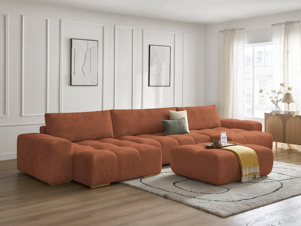 Canapé panoramique convertible coffre ANAKIN tissu bouclette avec pouf - Image 21
