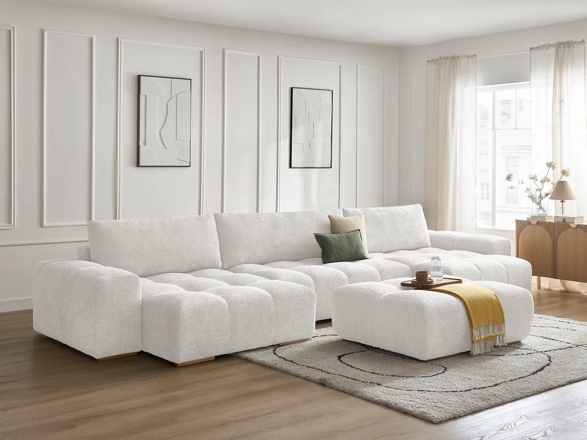 Canapé panoramique convertible coffre ANAKIN tissu bouclette avec pouf - Image 22