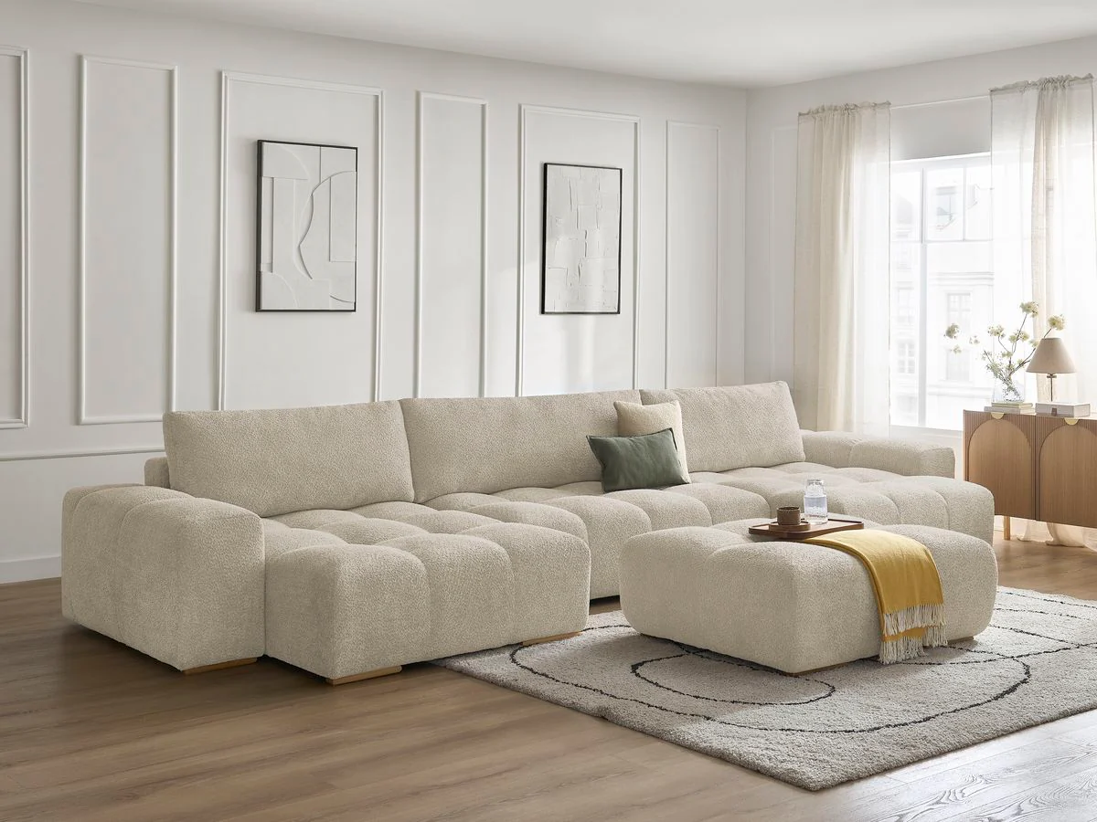 Canapé panoramique convertible coffre ANAKIN tissu bouclette avec pouf - Image 23