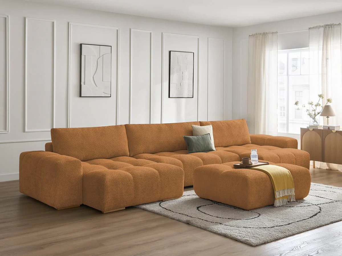 Canapé panoramique convertible coffre ANAKIN tissu bouclette avec pouf - Image 25