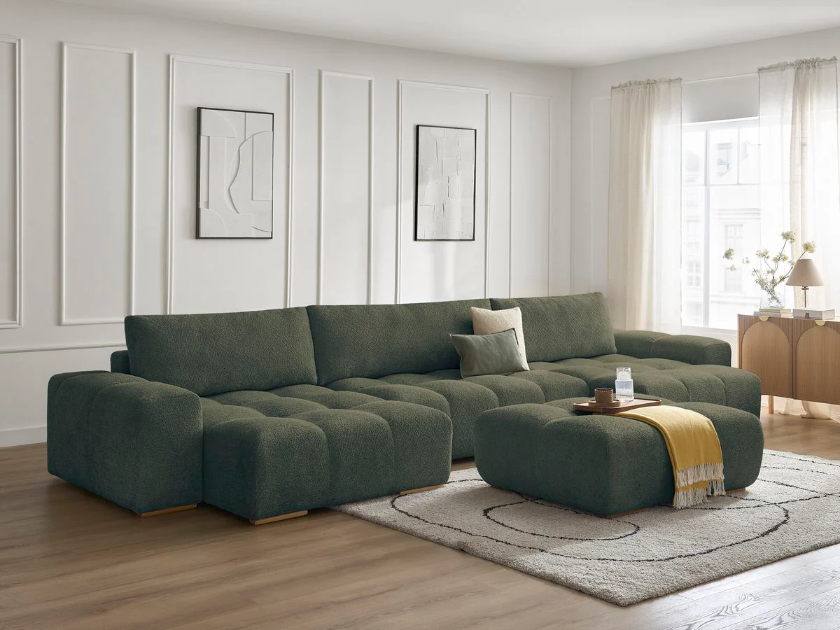 Canapé panoramique convertible coffre ANAKIN tissu bouclette avec pouf - Image 26