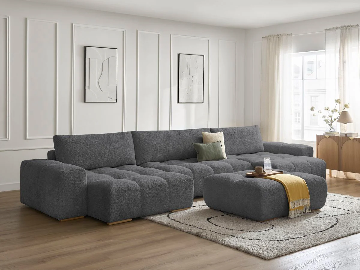 Canapé panoramique convertible coffre ANAKIN tissu bouclette avec pouf - Image 29