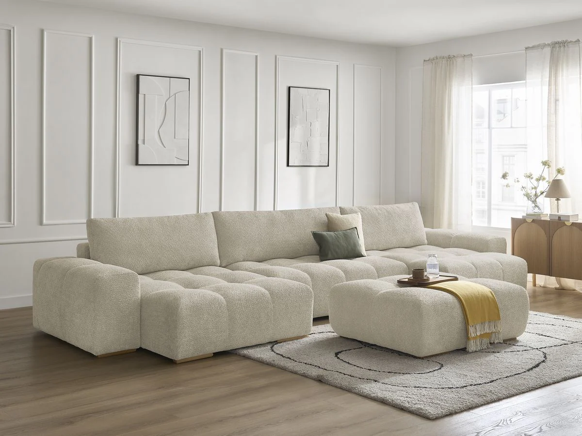 Canapé panoramique convertible coffre ANAKIN tissu bouclette avec pouf - Image 3