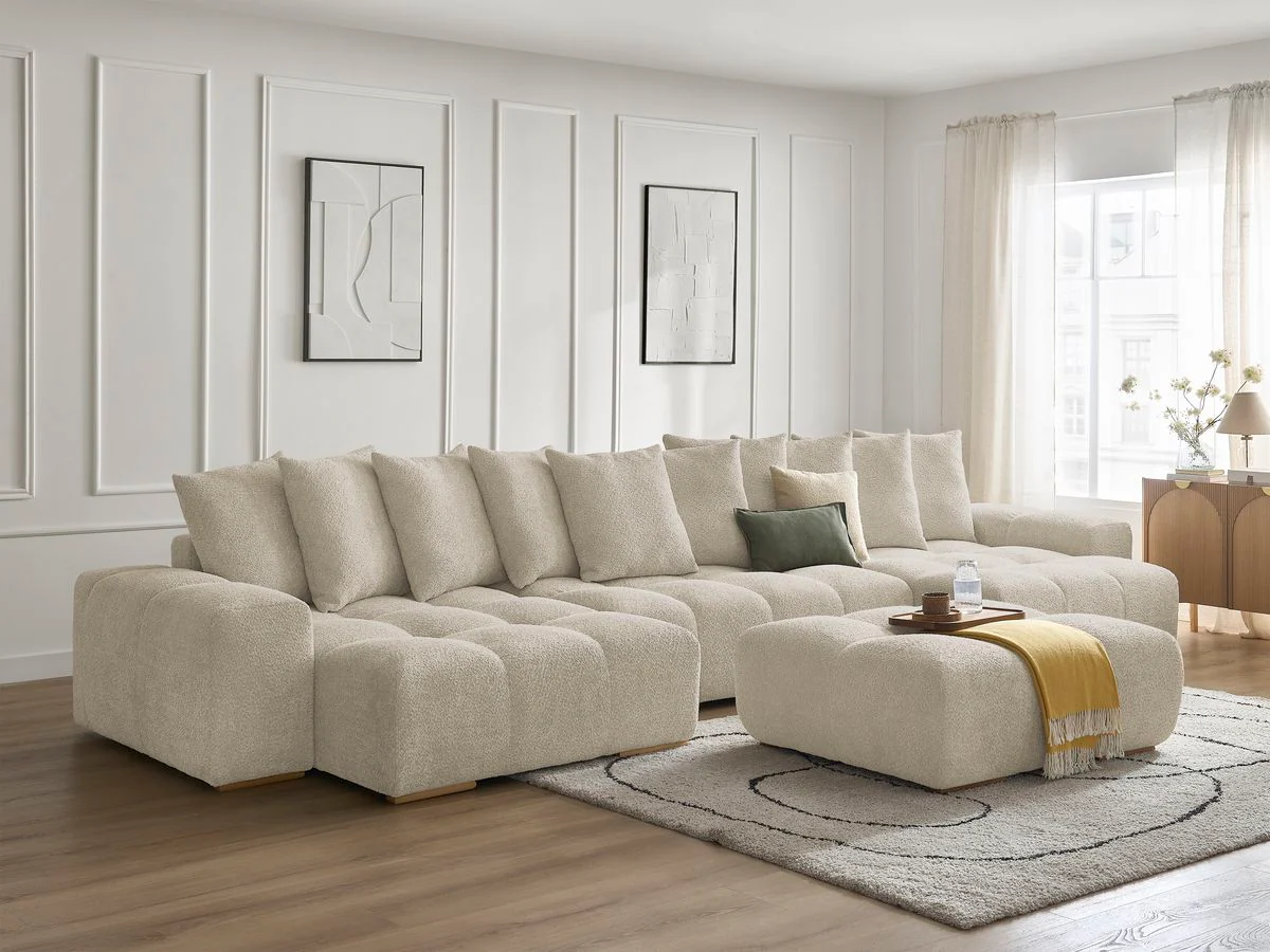 Canapé panoramique convertible coffre ANAKIN tissu bouclette avec pouf - Image 31