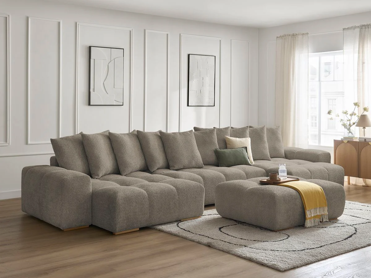 Canapé panoramique convertible coffre ANAKIN tissu bouclette avec pouf - Image 32