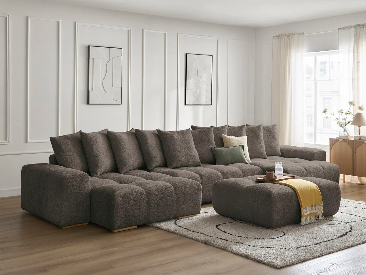 Canapé panoramique convertible coffre ANAKIN tissu bouclette avec pouf - Image 33