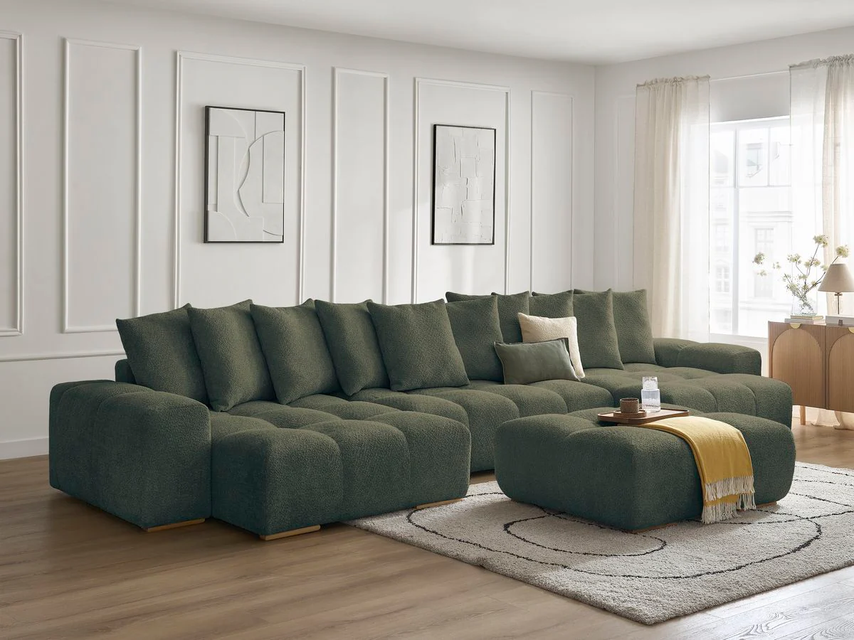Canapé panoramique convertible coffre ANAKIN tissu bouclette avec pouf - Image 36