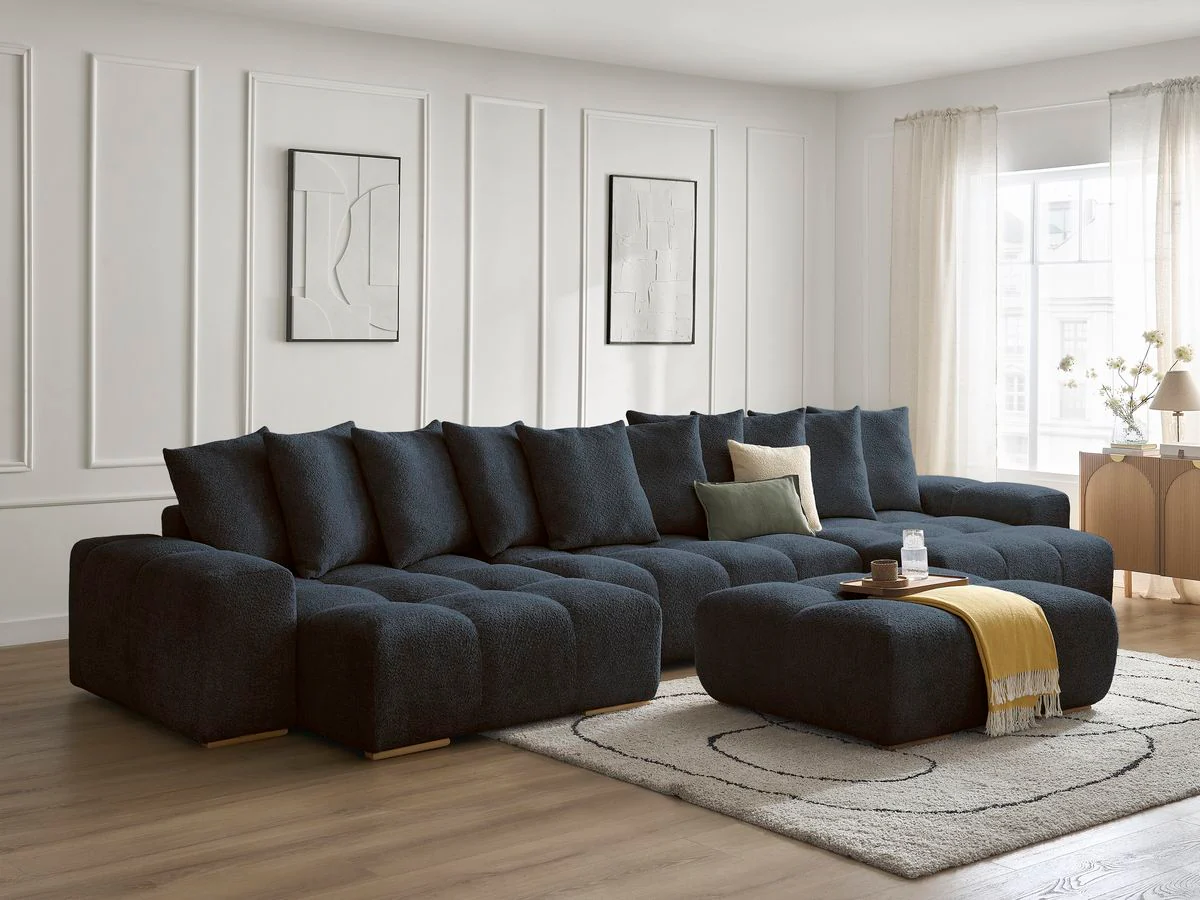 Canapé panoramique convertible coffre ANAKIN tissu bouclette avec pouf - Image 37
