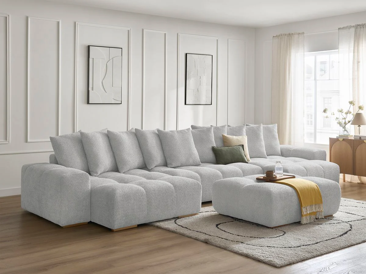 Canapé panoramique convertible coffre ANAKIN tissu bouclette avec pouf - Image 38
