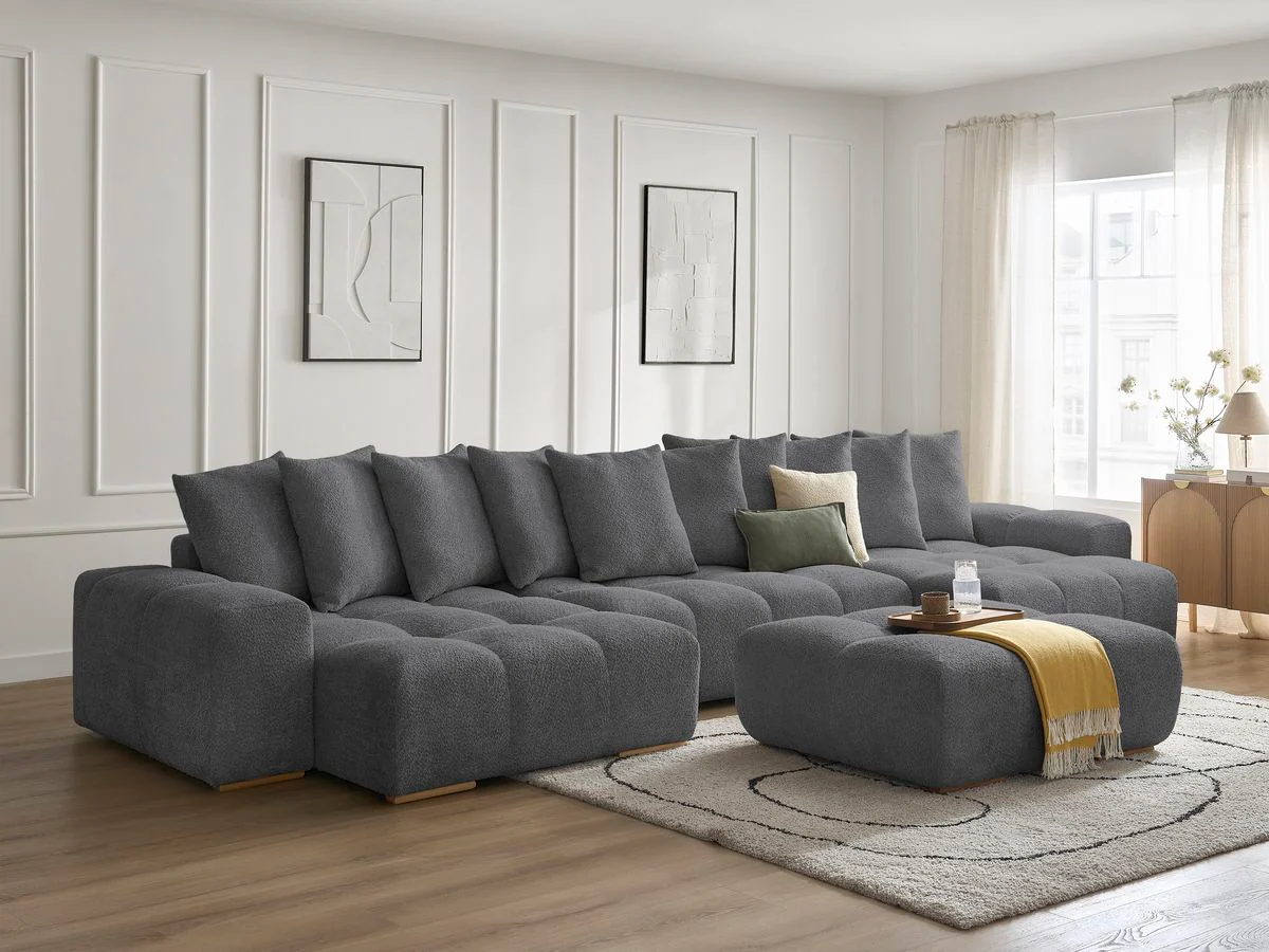 Canapé panoramique convertible coffre ANAKIN tissu bouclette avec pouf - Image 39