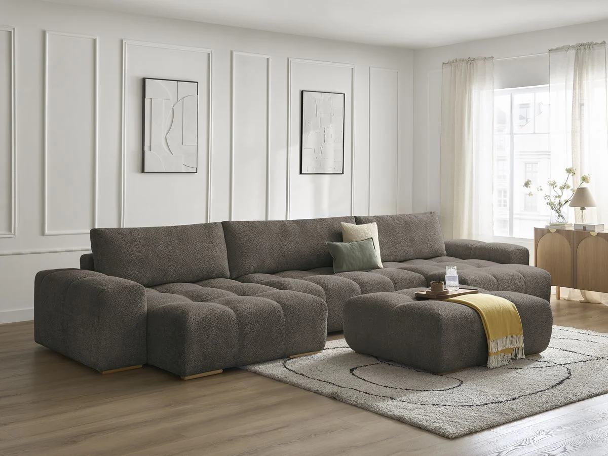 Canapé panoramique convertible coffre ANAKIN tissu bouclette avec pouf - Image 4