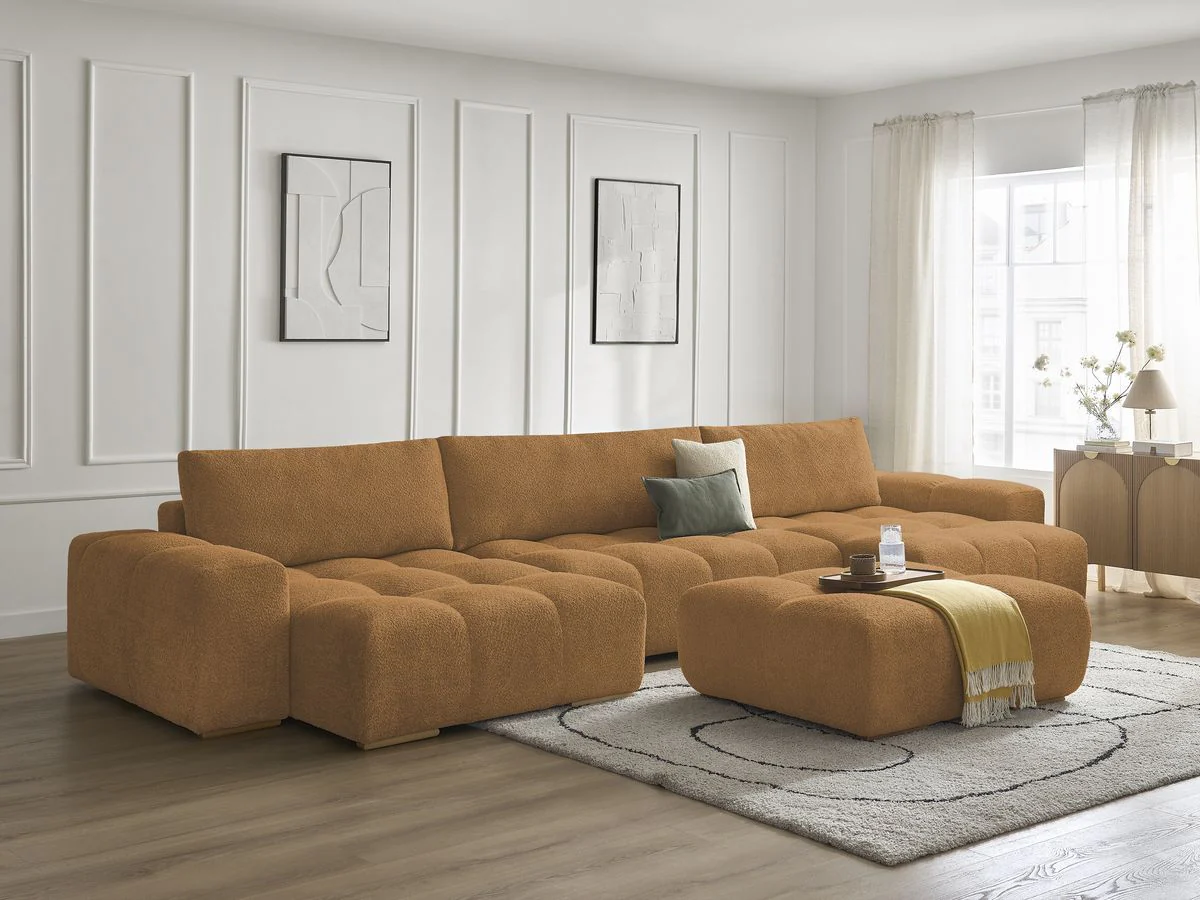 Canapé panoramique convertible coffre ANAKIN tissu bouclette avec pouf - Image 5