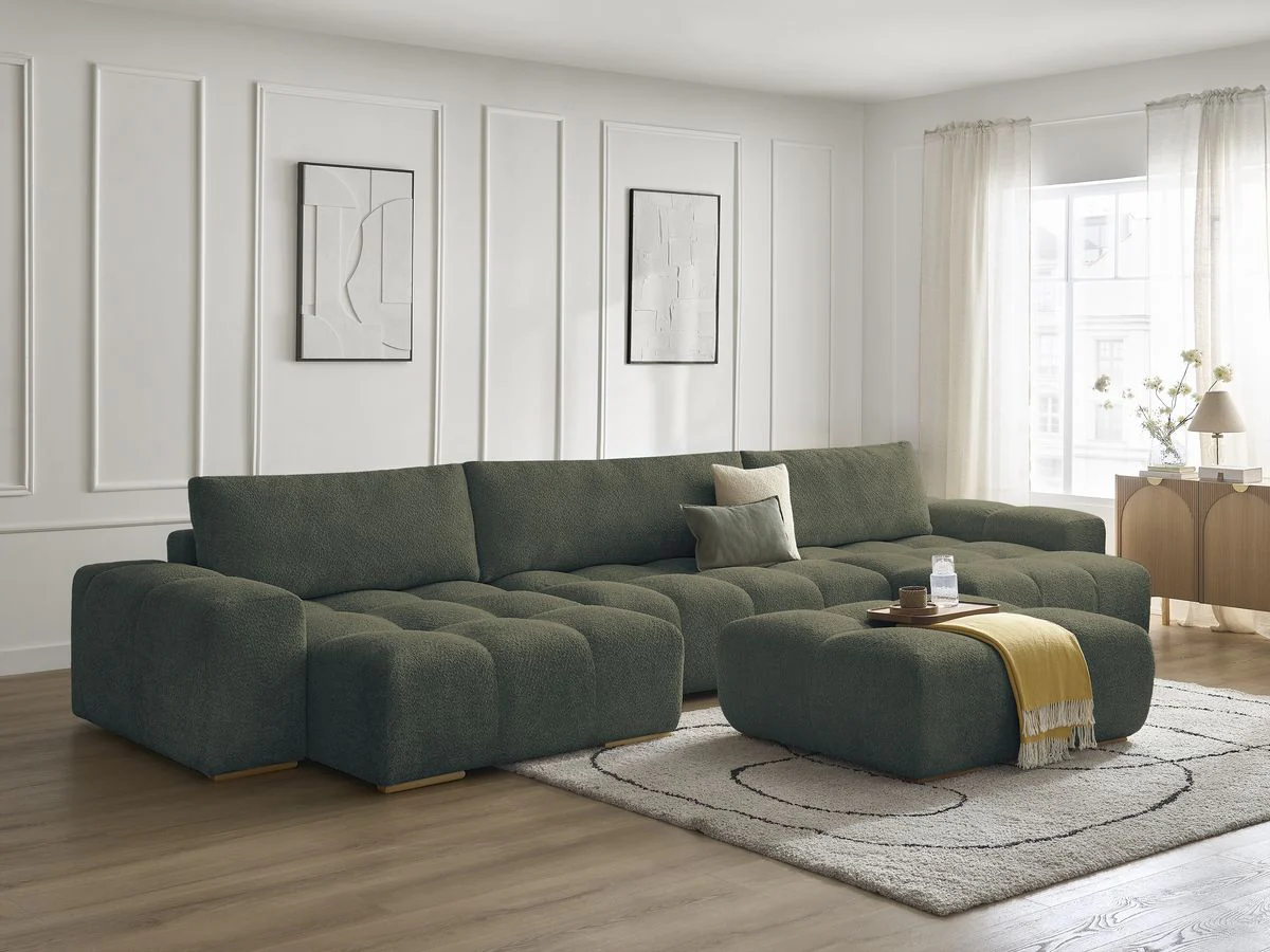 Canapé panoramique convertible coffre ANAKIN tissu bouclette avec pouf - Image 6
