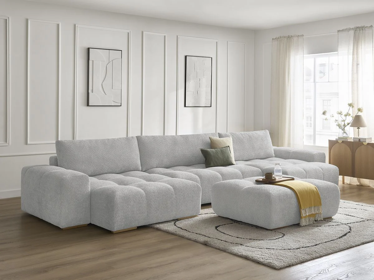 Canapé panoramique convertible coffre ANAKIN tissu bouclette avec pouf - Image 8