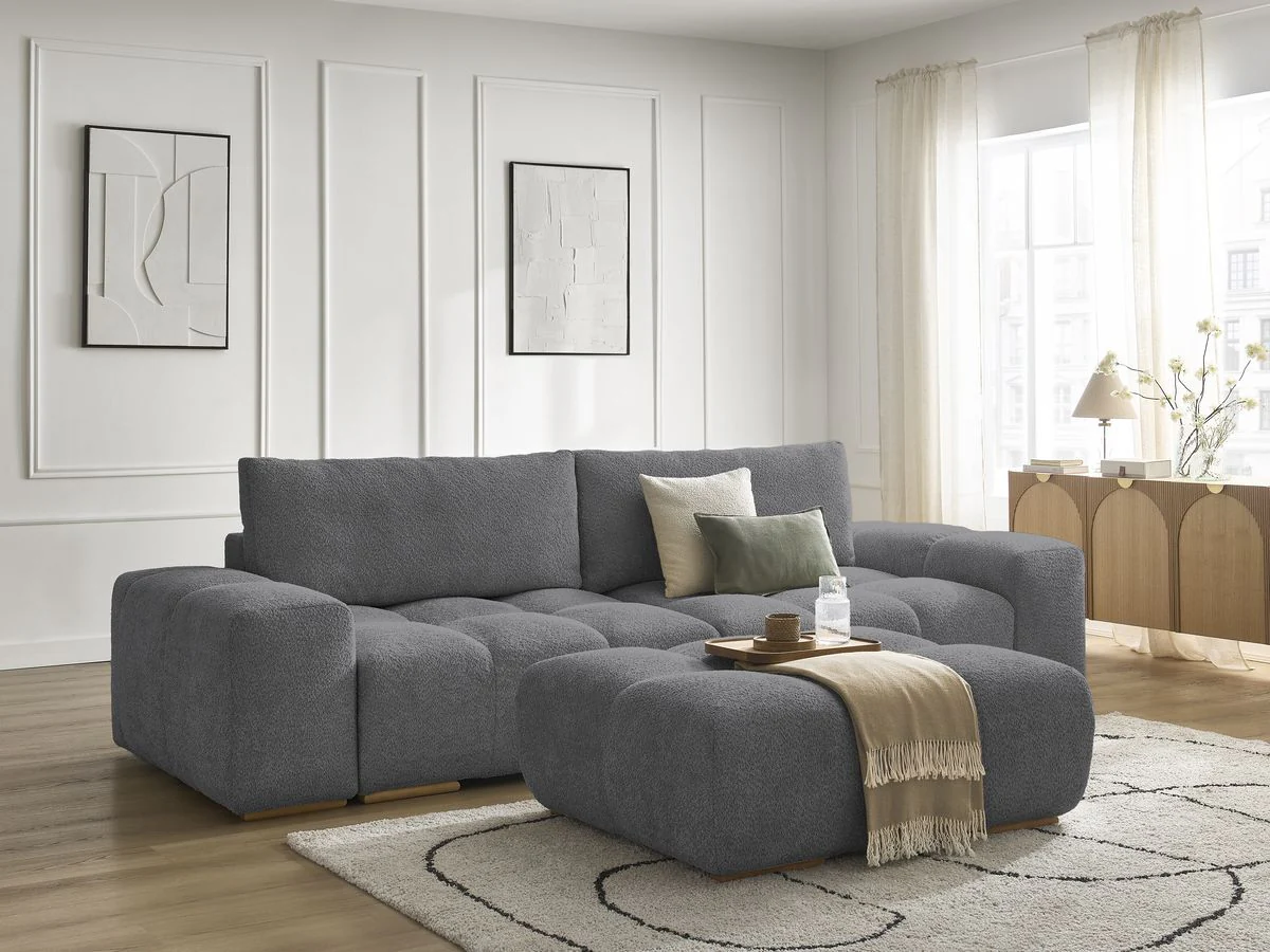 Canapé droit convertible coffre ANAKIN tissu bouclette avec pouf - Image 10