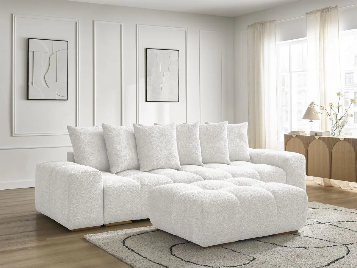 Canapé droit convertible coffre ANAKIN tissu bouclette avec pouf - Image 11