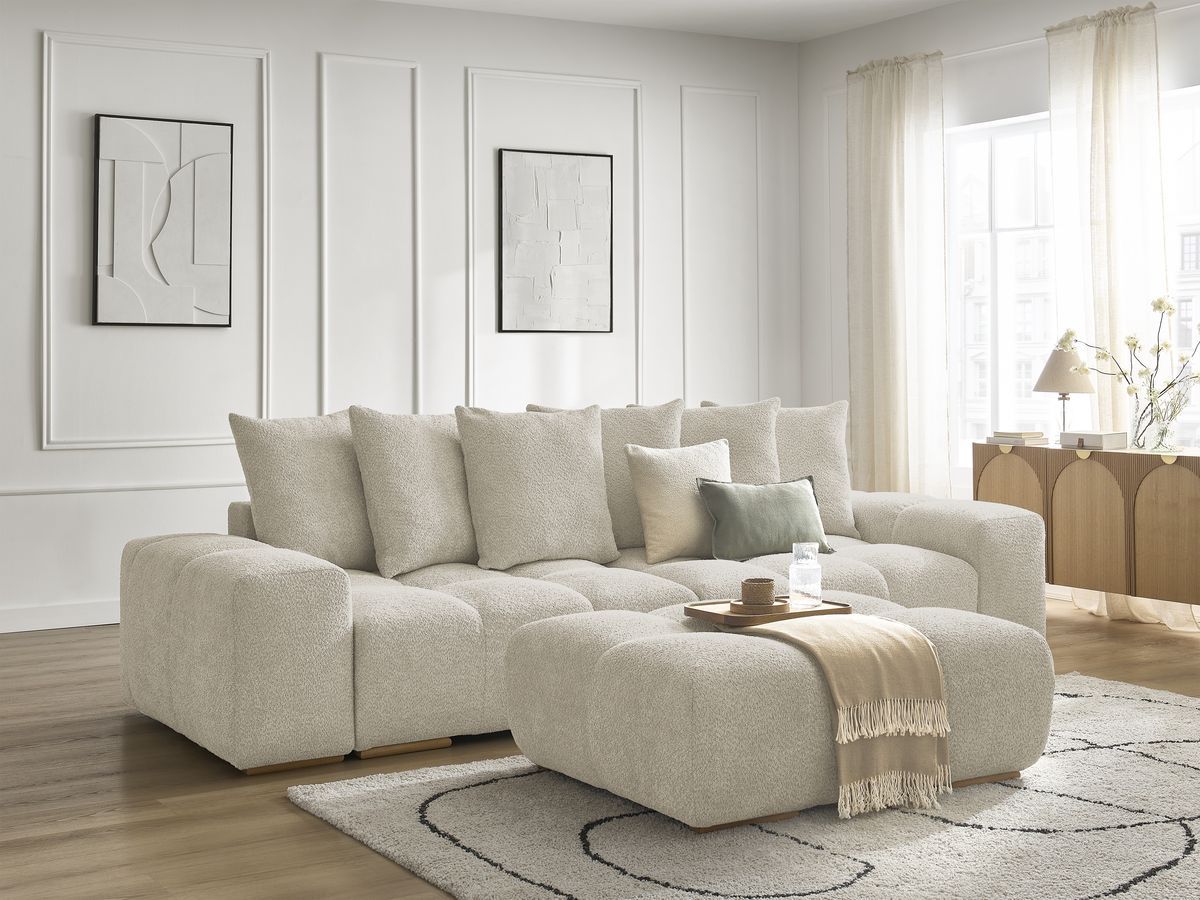 Canapé droit convertible coffre ANAKIN tissu bouclette avec pouf - Image 12