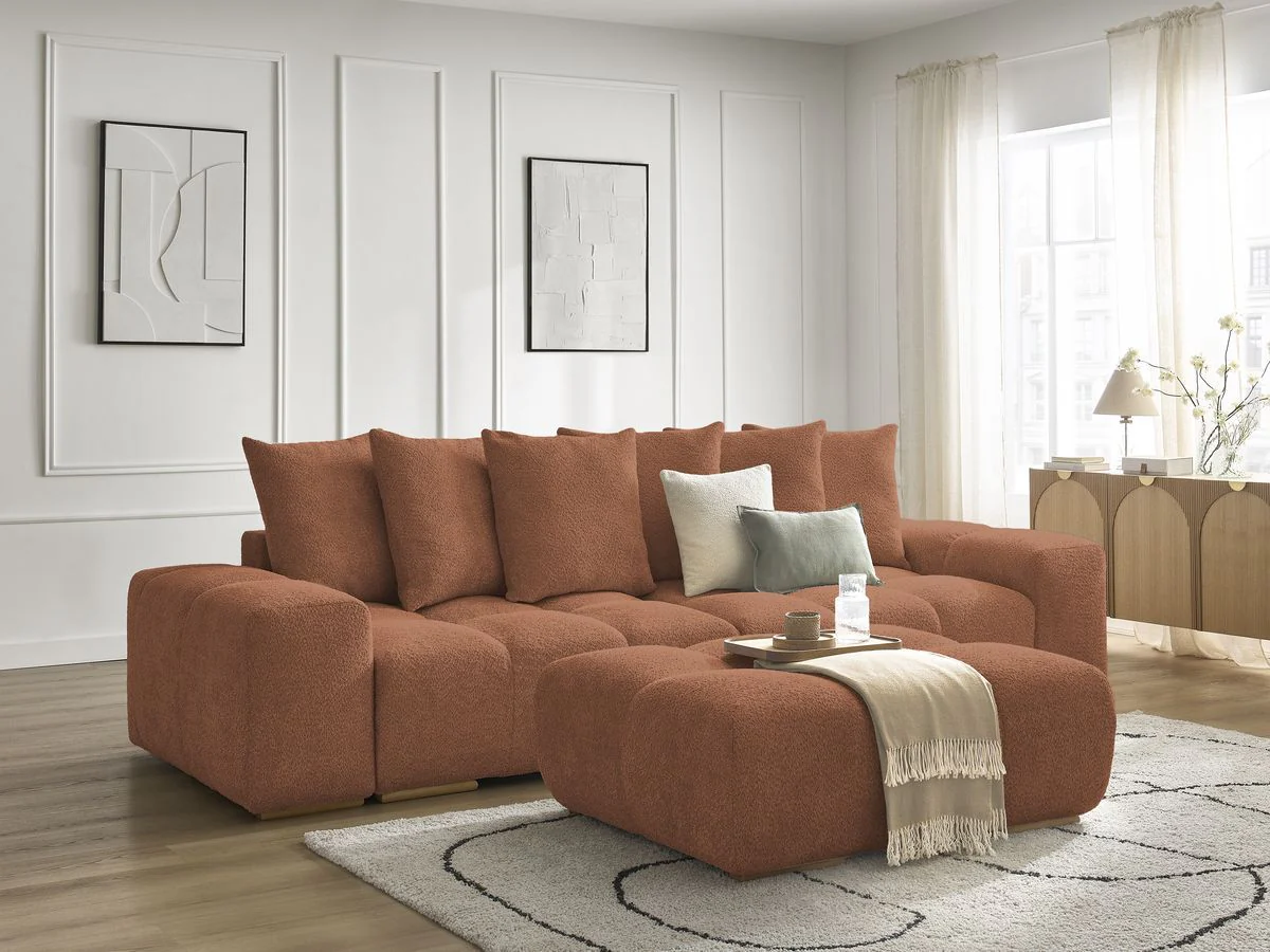 Canapé droit convertible coffre ANAKIN tissu bouclette avec pouf - Image 15