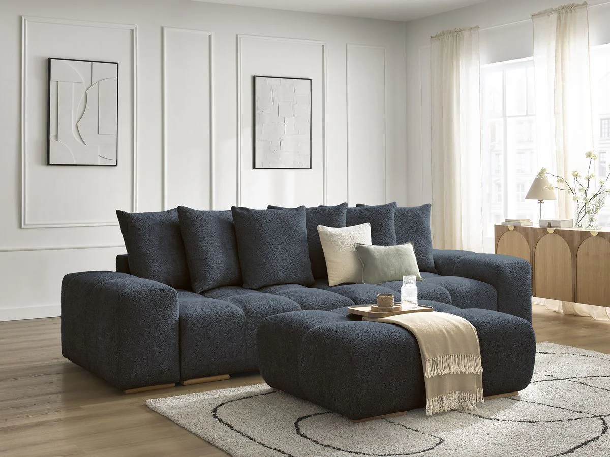 Canapé droit convertible coffre ANAKIN tissu bouclette avec pouf - Image 17