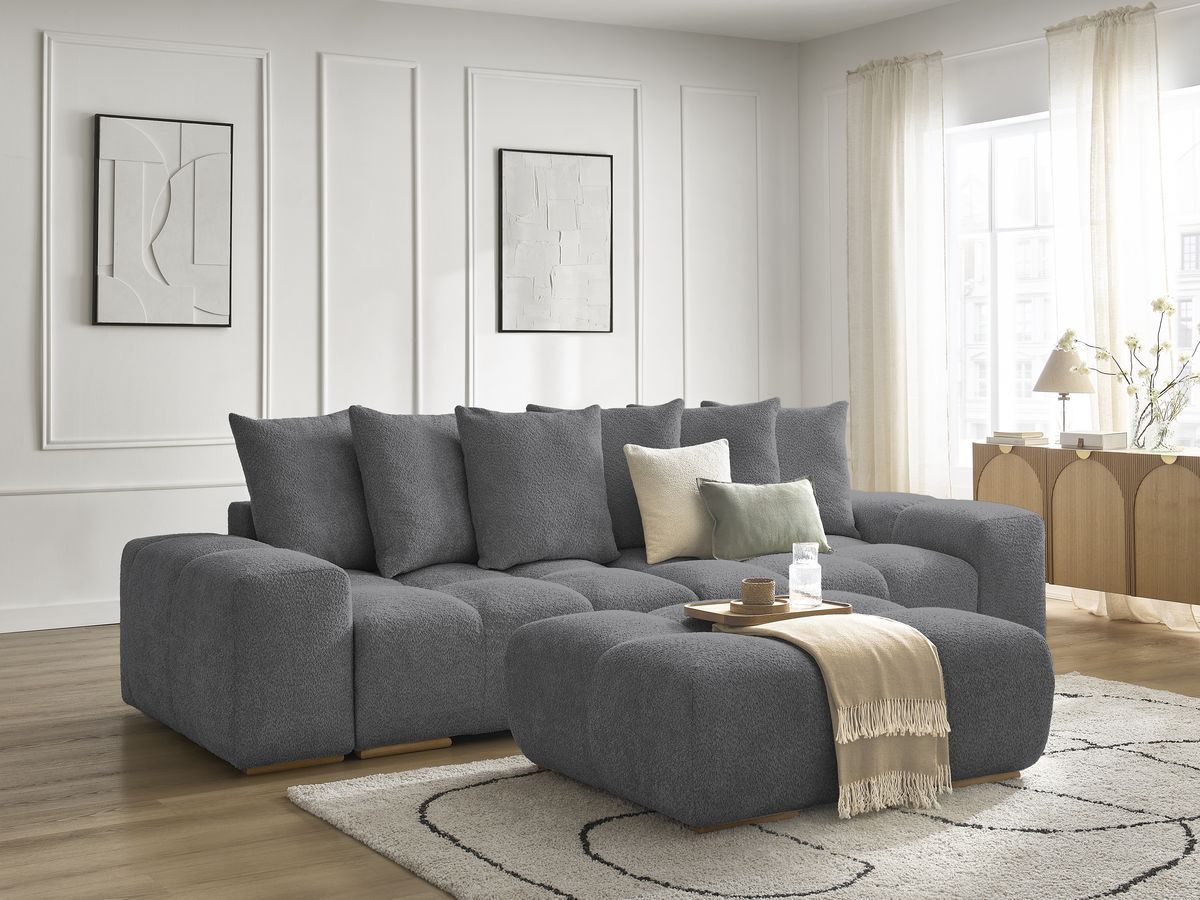 Canapé droit convertible coffre ANAKIN tissu bouclette avec pouf - Image 19