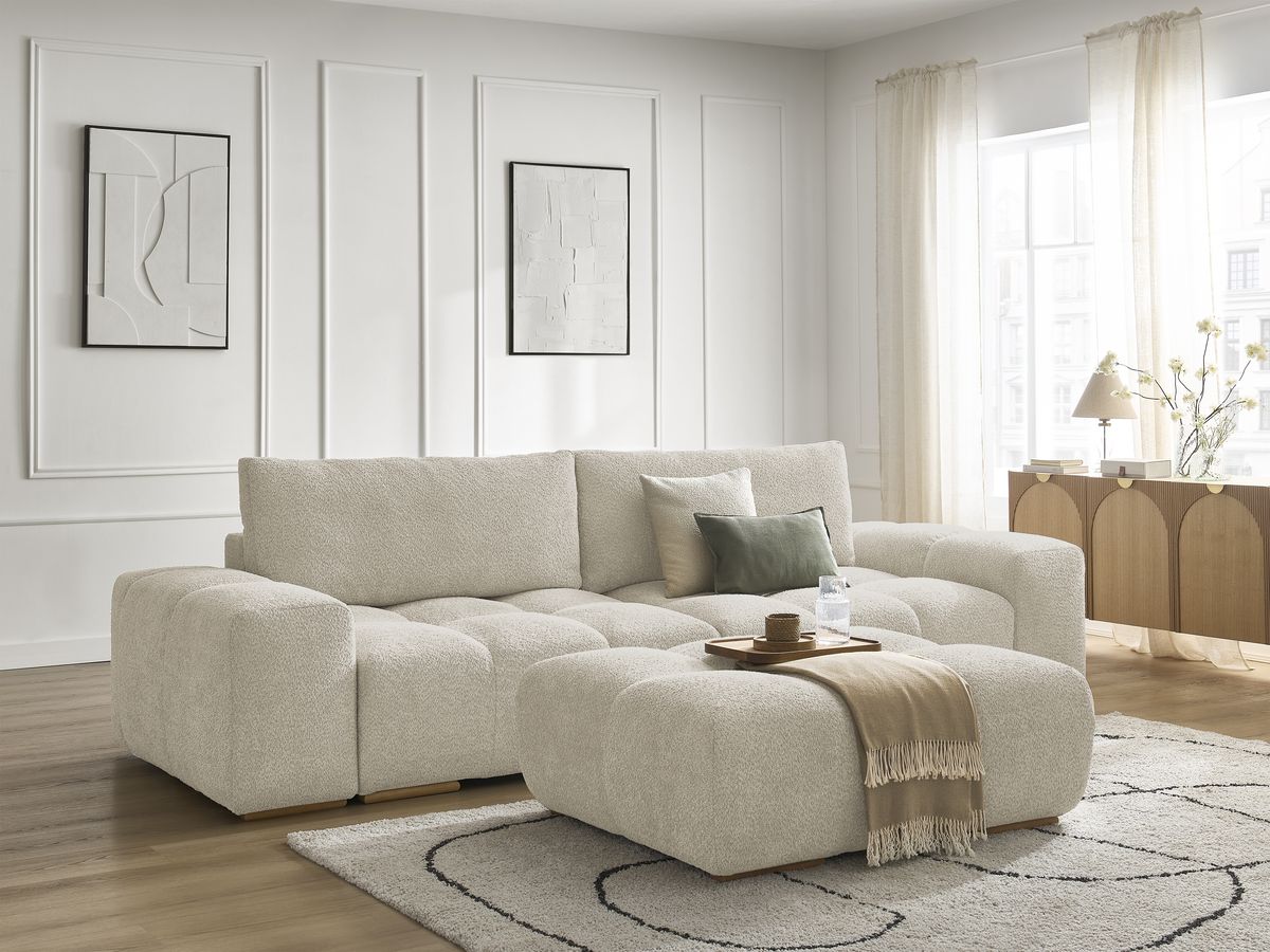 Canapé droit convertible coffre ANAKIN tissu bouclette avec pouf - Image 22