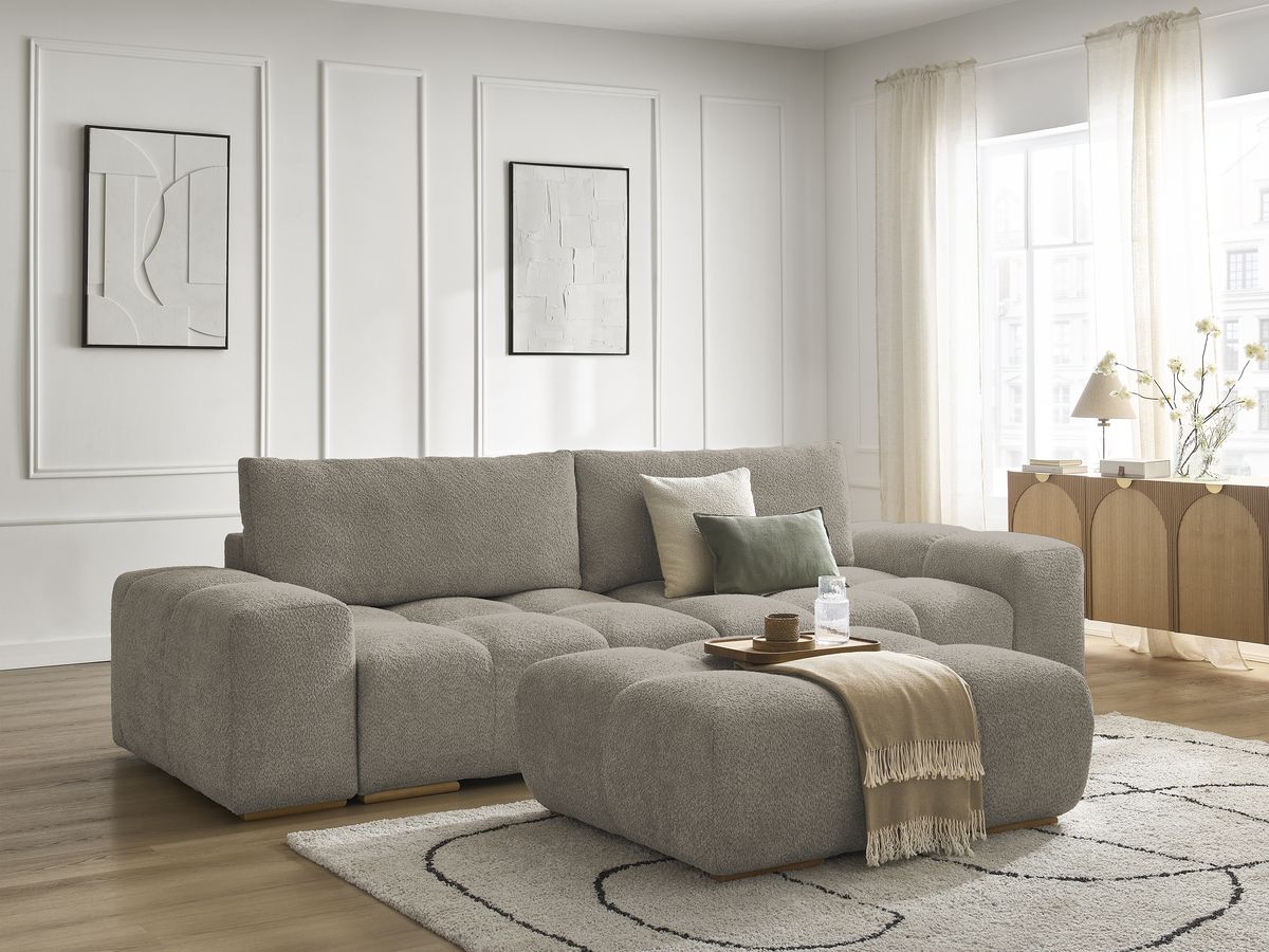 Canapé droit convertible coffre ANAKIN tissu bouclette avec pouf - Image 23