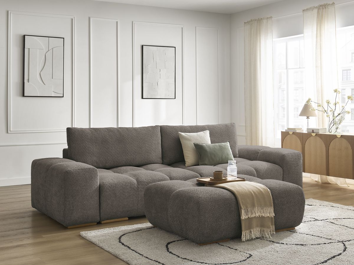 Canapé droit convertible coffre ANAKIN tissu bouclette avec pouf - Image 24