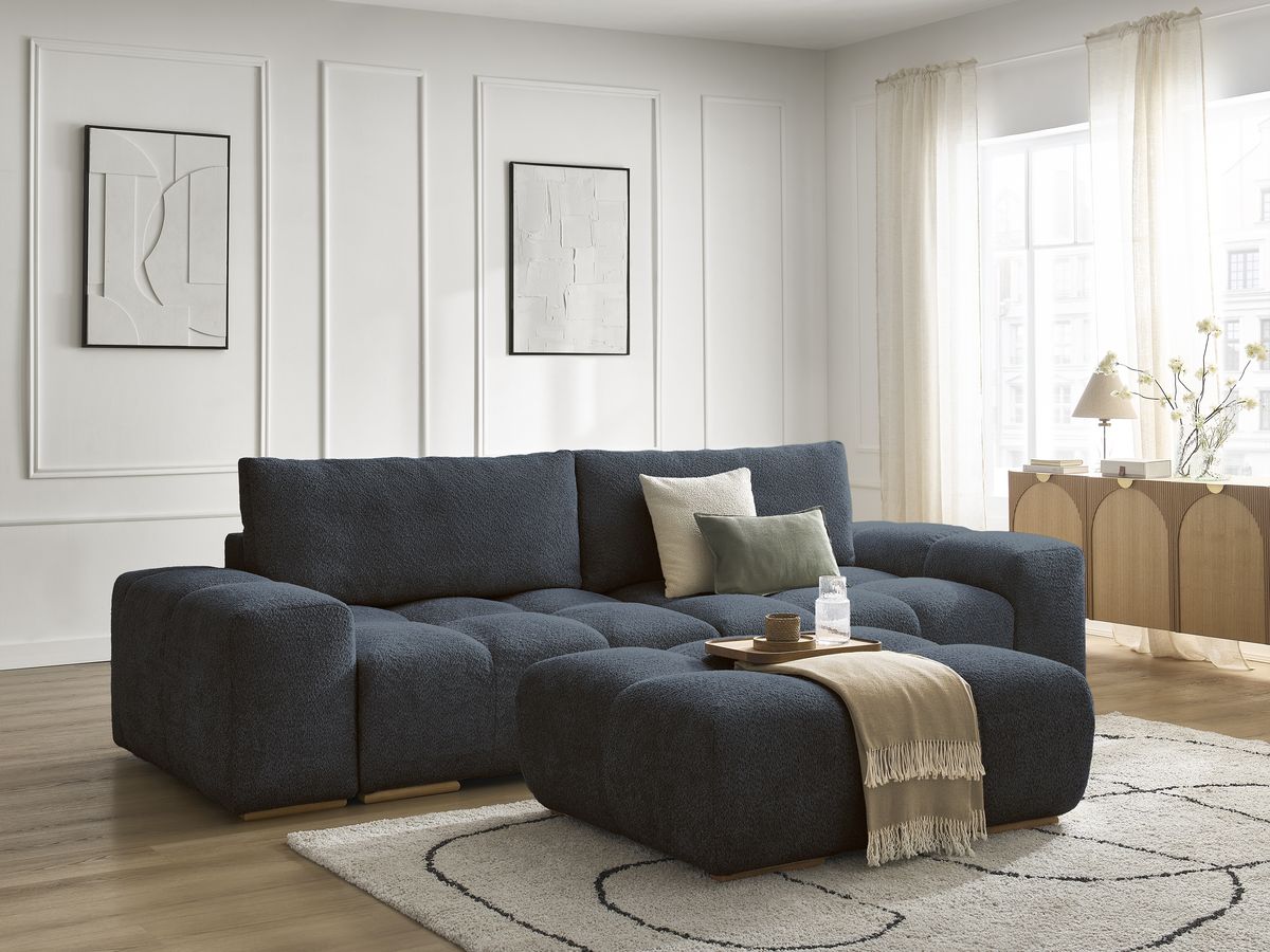 Canapé droit convertible coffre ANAKIN tissu bouclette avec pouf - Image 28