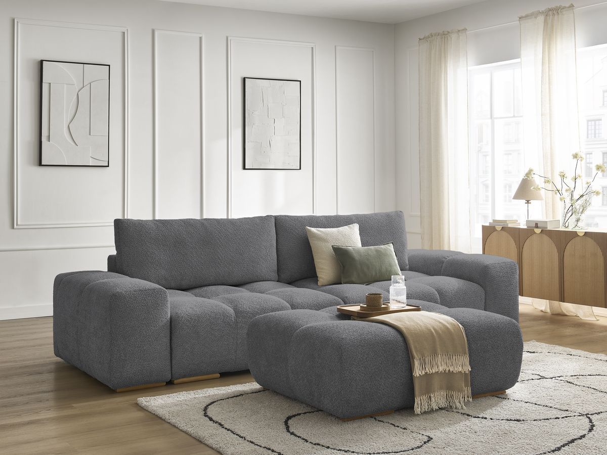 Canapé droit convertible coffre ANAKIN tissu bouclette avec pouf - Image 30