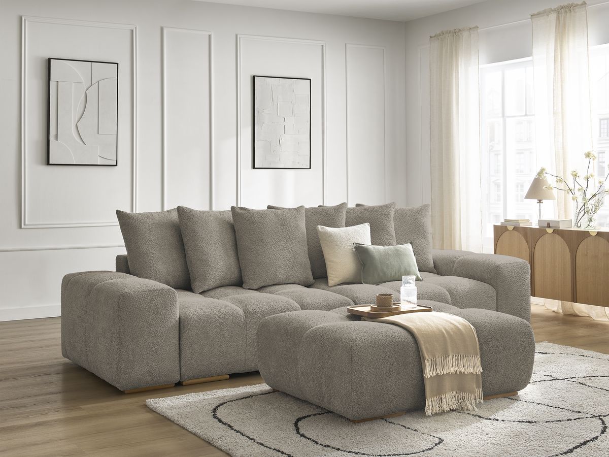 Canapé droit convertible coffre ANAKIN tissu bouclette avec pouf - Image 33