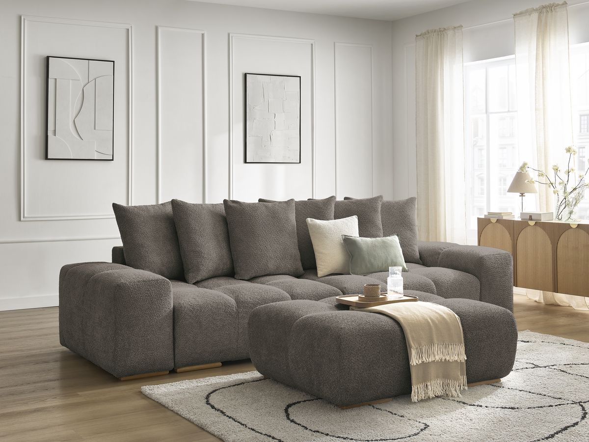 Canapé droit convertible coffre ANAKIN tissu bouclette avec pouf - Image 34