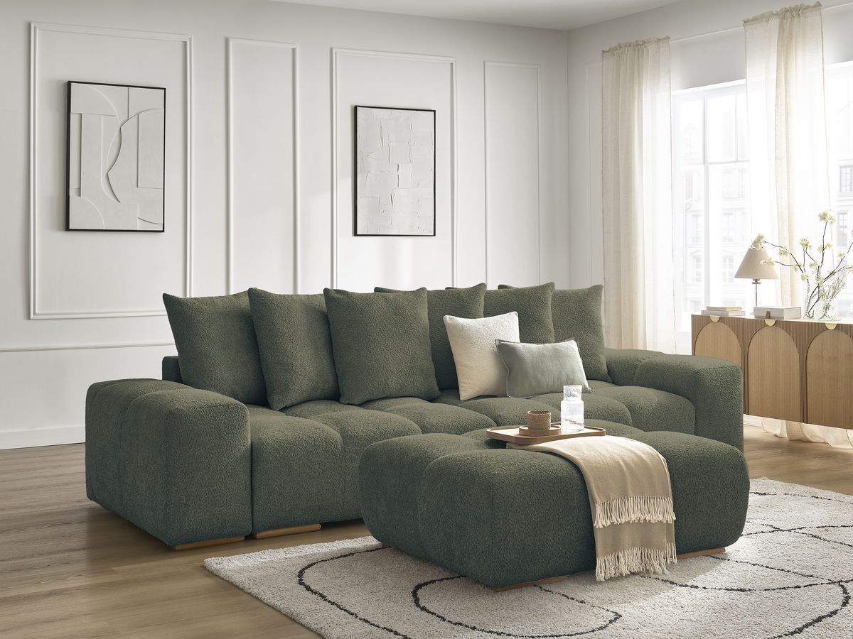 Canapé droit convertible coffre ANAKIN tissu bouclette avec pouf - Image 36