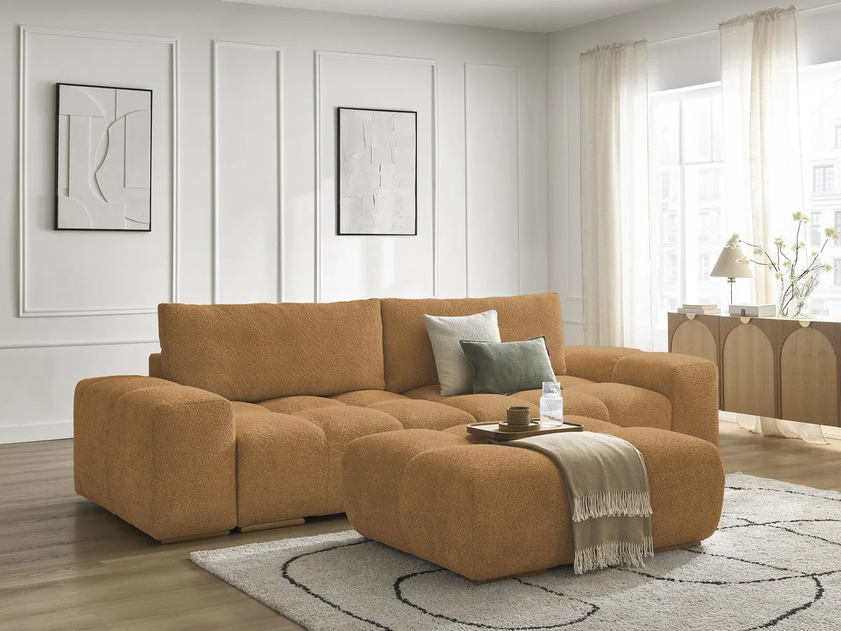 Canapé droit convertible coffre ANAKIN tissu bouclette avec pouf - Image 6