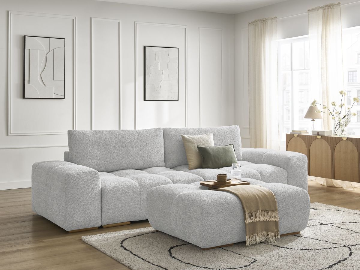 Canapé droit convertible coffre ANAKIN tissu bouclette avec pouf - Image 9
