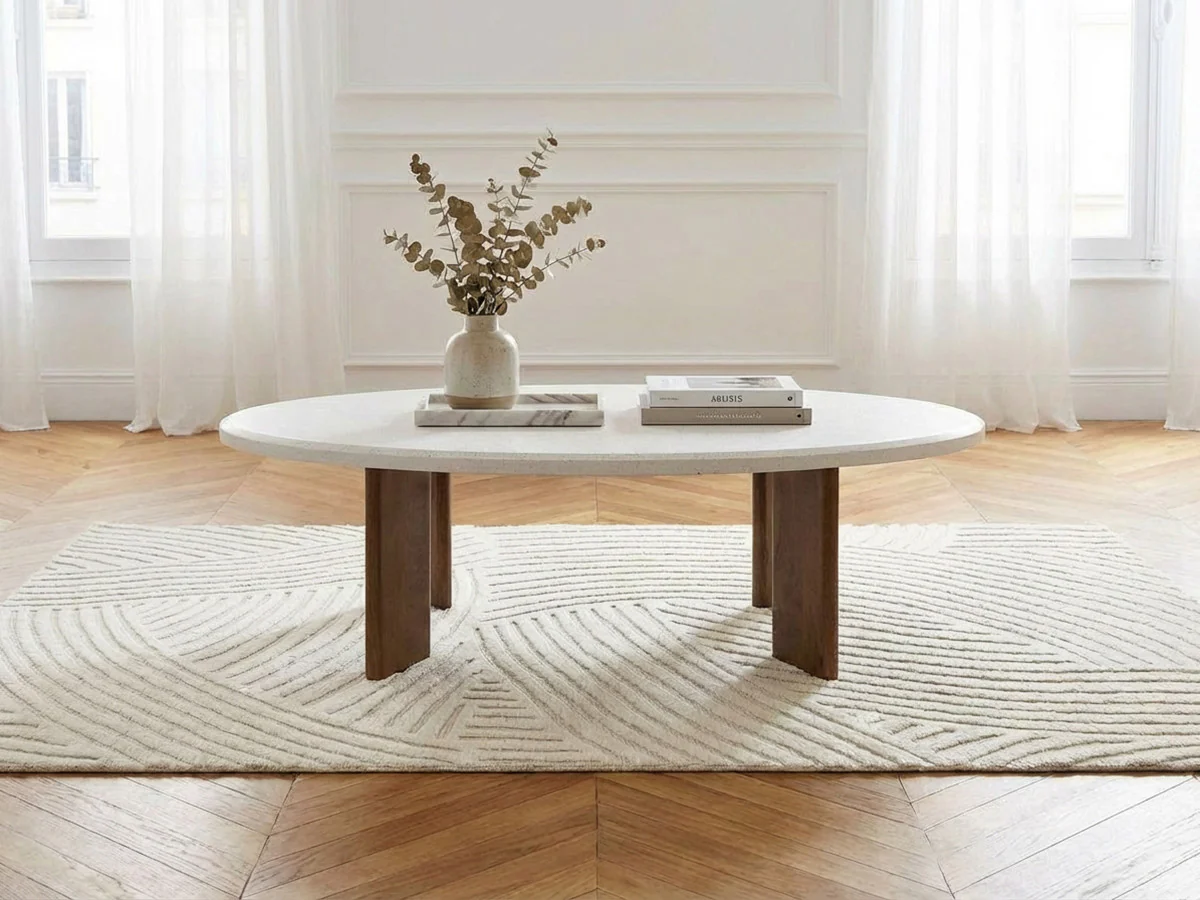 Table basse ovale 110 cm ARYA effet terrazzo et pieds bois massif de manguier
