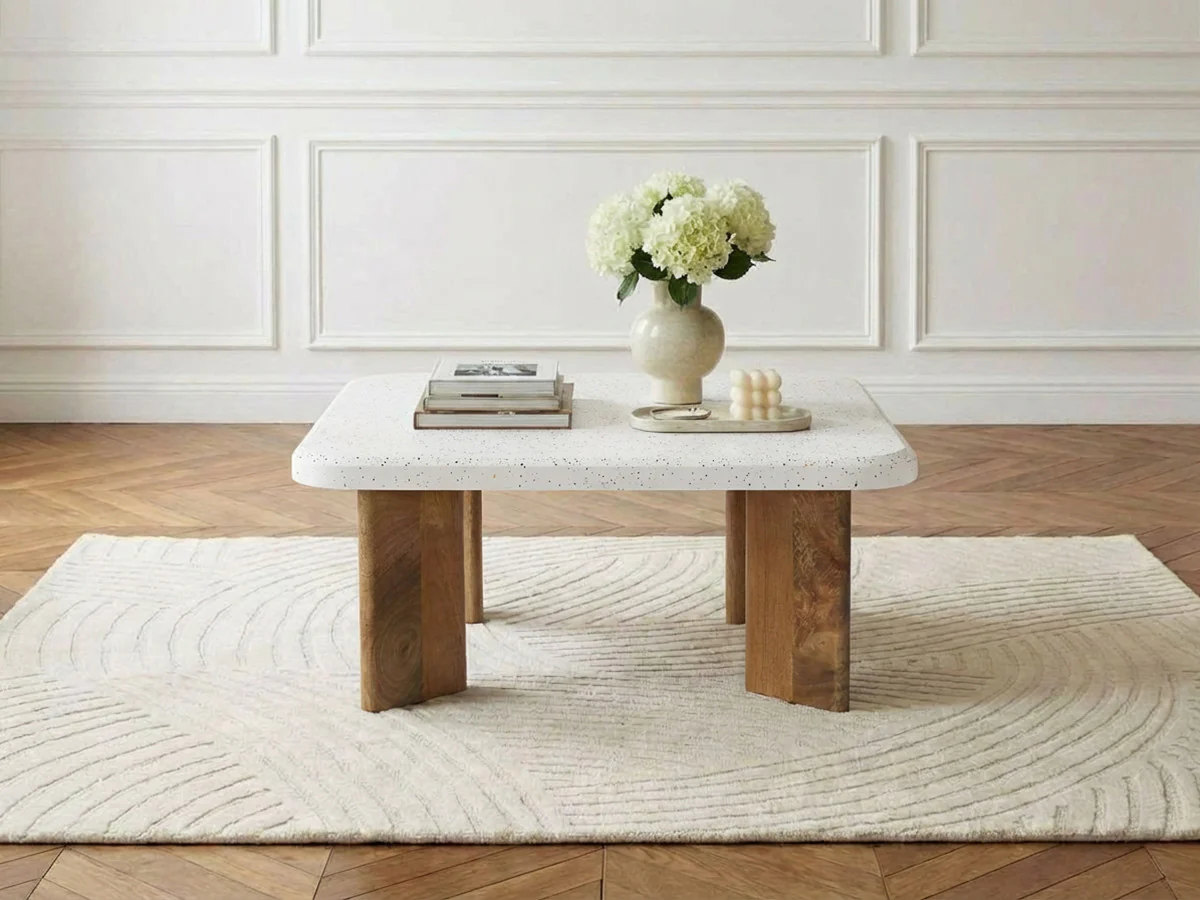 Table basse carrée 70 cm ARYA effet terrazzo et pieds bois massif de manguier