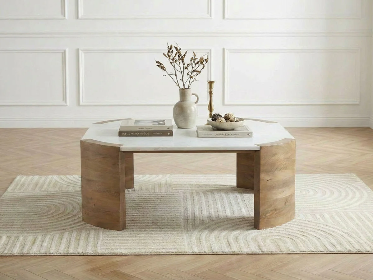 Table basse carrée 85 cm TORVI plateau marbre et pieds bois massif d'acacia
