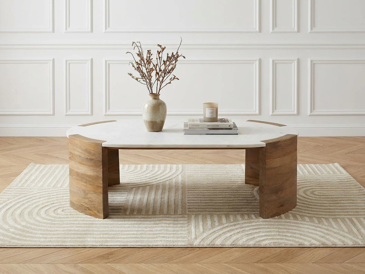 Table basse ovale 110 cm TORVI plateau marbre et pieds bois massif d'acacia